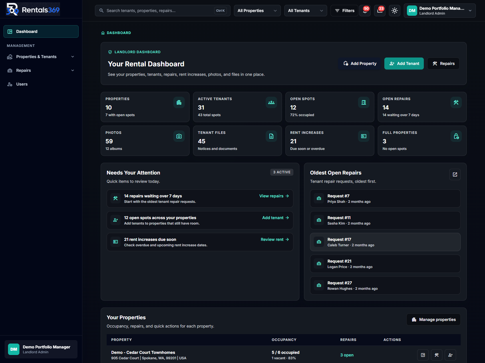 Dark mode Rentals369 landlord dashboard preview